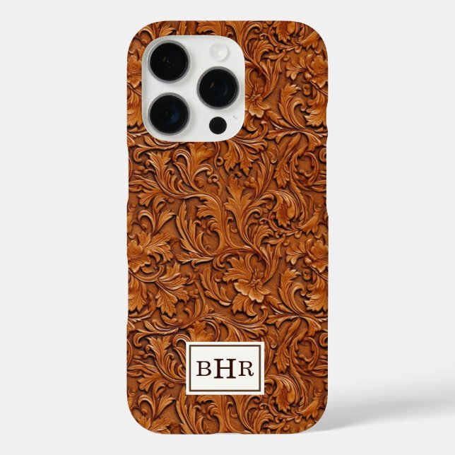 Funda iPhone 16 Pro Cuero Marrón Grabado Monogramado (Reverso )