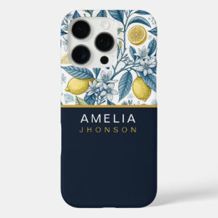 Funda iPhone 16 Pro Custom Elegant Mediterranean Lemon Botanical Navy
