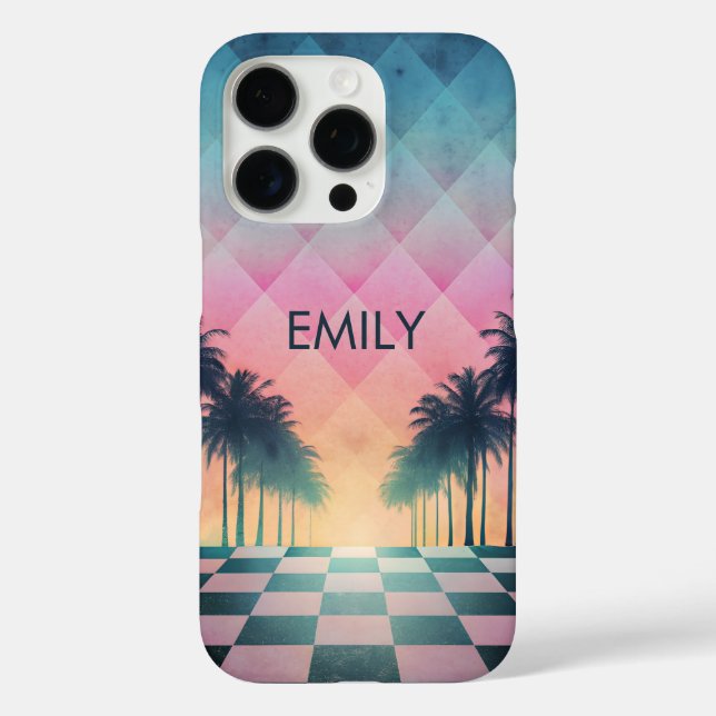 Funda iPhone 16 Pro Custom Name Retro Synthwave Sunset Palm Trees (Reverso )