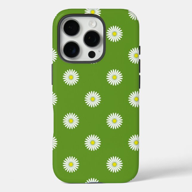 Funda iPhone 16 Pro Daisies Patrón ilustrativo sobre el verde (Reverso )