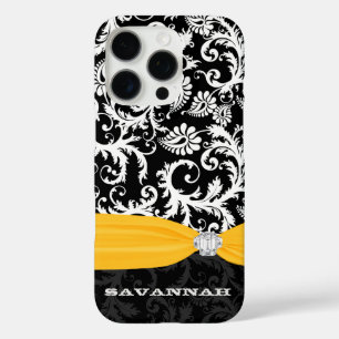 Funda iPhone 16 Pro Damasco amarillo y blanco Diamante de imitación de