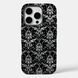 Funda iPhone 16 Pro Damasco metálico plateado sobre negro