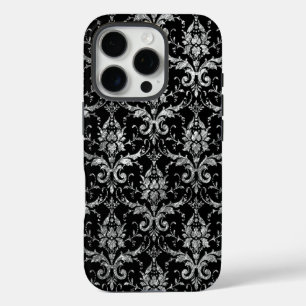 Funda iPhone 16 Pro Damasco metálico plateado sobre negro