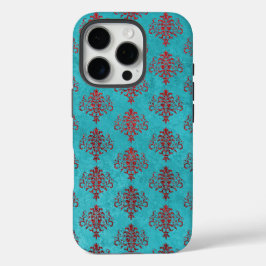 Funda iPhone 16 Pro Damasco rojo texturado sobre el patrón Verde azula