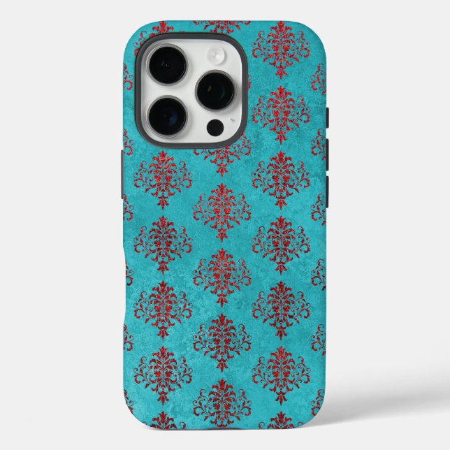 Funda iPhone 16 Pro Damasco rojo texturado sobre el patrón Verde azula (Reverso )