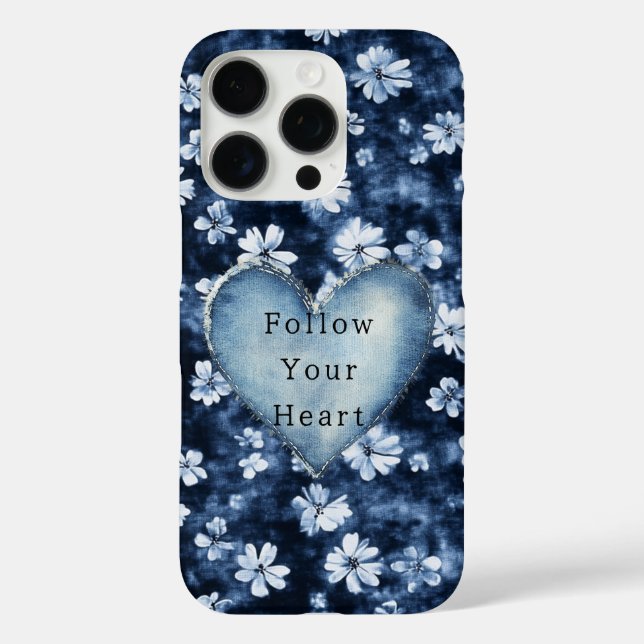 Funda iPhone 16 Pro Denim Blanco Azul Flores Corazón (Reverso )