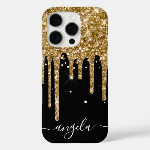Funda iPhone 16 Pro Destellos de purpurina dorada Firma Glam negra