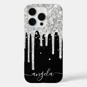 Funda iPhone 16 Pro Destellos de purpurina plateada Brillo negro Firma