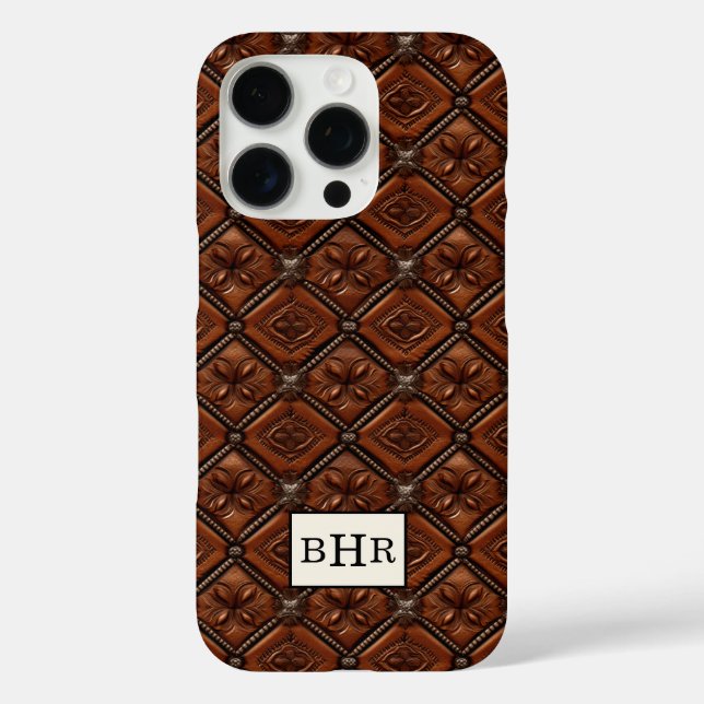 Funda iPhone 16 Pro Diamante Marrón de Cuero Monogramado (Reverso )