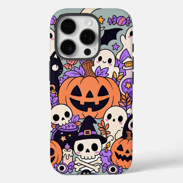 Funda iPhone 16 Pro Dibujo Collage de Halloween Adorable (Reverso )