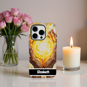 Funda iPhone 16 Pro Diseño de arte amarillo radiante con manos