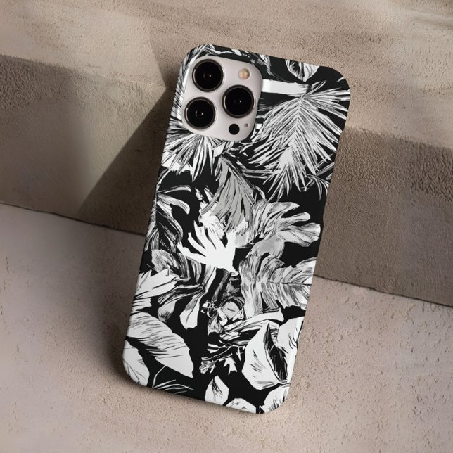 Funda iPhone 16 Pro Diseño de hojas tropicales en blanco y negro (Modern Black and White Tropical Jungle Leaf Design Case-Mate iPhone Case)