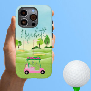 Funda iPhone 16 Pro Divertido Lady Golfer Clubes de carritos rosados M