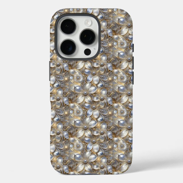 Funda iPhone 16 Pro Elegancia Floral: Infundido con Perlas (Reverso )