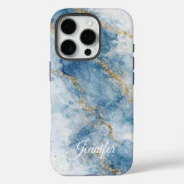 Funda iPhone 16 Pro Elegant Blue Gold Glitter Abstract Flow           