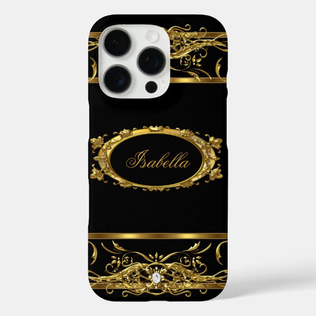 Funda iPhone 16 Pro Elegante Classy Gold Black Name diamante joyas (Reverso )