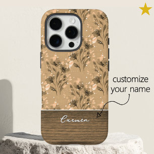 Funda iPhone 16 Pro Elegante Floral Marrón Grano de Madera Nombre Pers