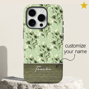 Funda iPhone 16 Pro Elegante Floral Verde Grano de Madera Nombre Perso