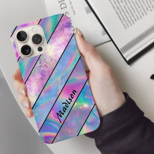Funda iPhone 16 Pro Elegante moda holográfica rayada rosa azul
