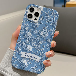 Funda iPhone 16 Pro Elegante monograma de chinoiserie floral azul