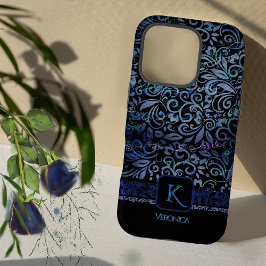 Funda iPhone 16 Pro Elegante Monograma Floral Azul Negro