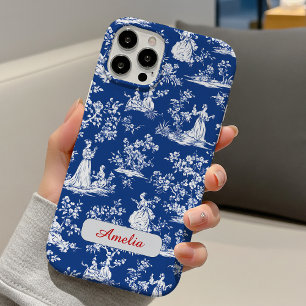 Funda iPhone 16 Pro Elegante monograma floral chinoiserie toile azul