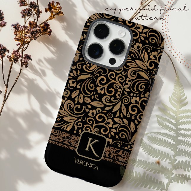 Funda iPhone 16 Pro Elegante Monograma floral de oro negro y cobre (Elegant Black& Copper Gold Floral Monogram Case-Mate iPhone Case)