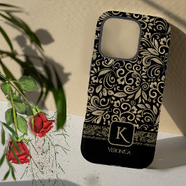 Funda iPhone 16 Pro Elegante Monograma floral negro y dorado