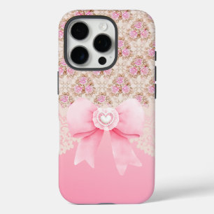 Funda iPhone 16 Pro Elegante Rosa Rosa Vintage y Cinta