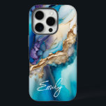 Funda iPhone 16 Pro Elegante y moderno nombre personalizado de mármol<br><div class="desc">Modern Elegant Blue Gold Marble Personalized Name iPhone 16 Pro Fundas presenta su nombre personalizado en una elegante tipografía de escritura caligráfica sobre un fondo moderno de mármol azul y oro. Un regalo perfecto para su cumpleaños, madre para el Día de la Madre, hermana o mujer para Navidades y vacaciones....</div>