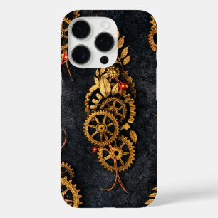 Funda iPhone 16 Pro Engranajes Dorados Vintage y Neon Rojo Cyberpunk M