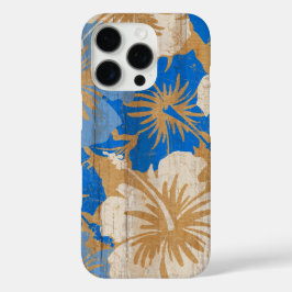 Funda iPhone 16 Pro Epic Hibiscus Vintage Surfboard Faux Wood en azul