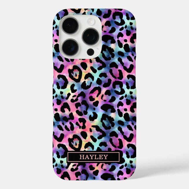 Funda iPhone 16 Pro Estampado de leopardo iridiscente monogramado (Reverso )
