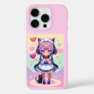 Funda iPhone 16 Pro Estilo de píxel de anime de criada neko