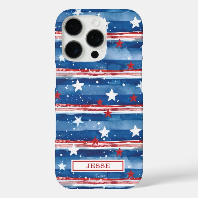 Funda iPhone 16 Pro Estrellas y Franjas Patrióticas Monogramadas (Reverso )