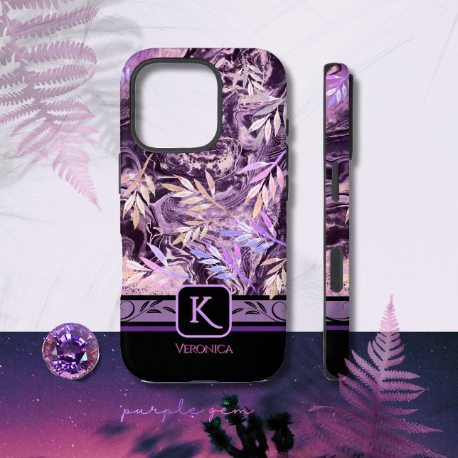 Funda iPhone 16 Pro Estuche para iPhone monograma de moda morado rosa  (Purple Pink Gemstone Trendy Monogram iPhone Case)