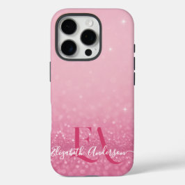 Funda iPhone 16 Pro Estuche para iPhone Purpurina rosa con iniciales y
