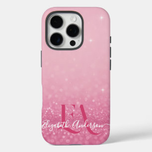 Funda iPhone 16 Pro Estuche para iPhone Purpurina rosa con iniciales y