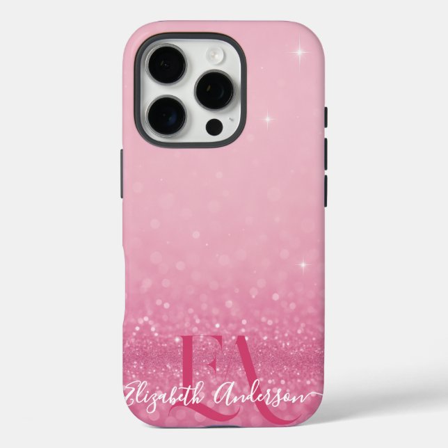 Funda iPhone 16 Pro Estuche para iPhone Purpurina rosa con iniciales y (Reverso )