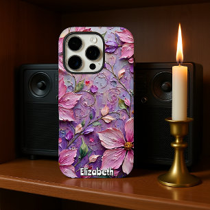 Funda iPhone 16 Pro Fantasía floral suave rosa y púrpura