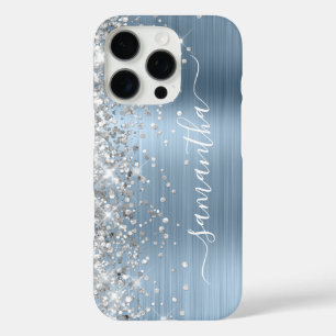 Funda iPhone 16 Pro Firme Femenino Azul Claro Brillo Plateado