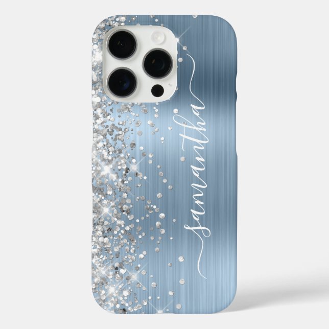 Funda iPhone 16 Pro Firme Femenino Azul Claro Brillo Plateado (Reverso )
