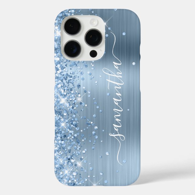 Funda iPhone 16 Pro Firme Glam Glitter Azul Claro para Chicas (Reverso )