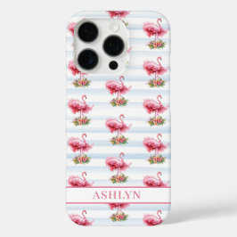 Funda iPhone 16 Pro Flamencos con Flores en Rayas de Acuarela
