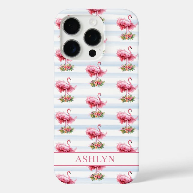 Funda iPhone 16 Pro Flamencos con Flores en Rayas de Acuarela (Reverso )