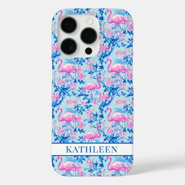 Funda iPhone 16 Pro Flamencos con Flores Rosas Monogramadas (Reverso )