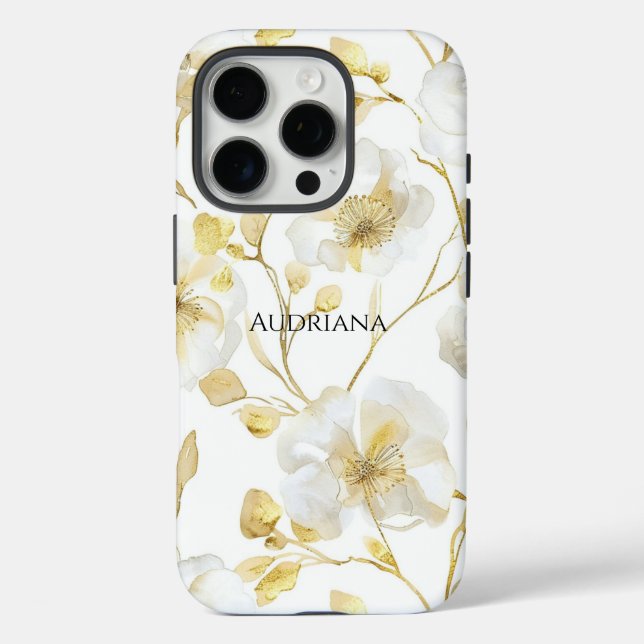Funda iPhone 16 Pro Floral Blanco Dorado Chic (Reverso )