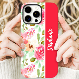 Funda iPhone 16 Pro Floral Nombre Personalizado Acuarela Rosa