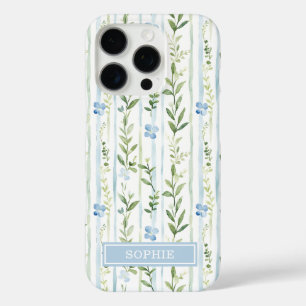 Funda iPhone 16 Pro Floral Personalizado con Rayas Azules
