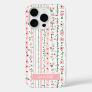 Funda iPhone 16 Pro Floral Personalizado con Rayas Rosadas